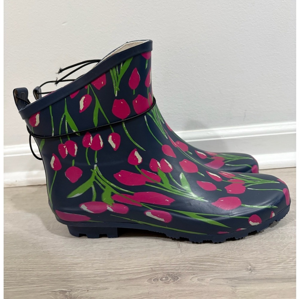 Gardenline Womens Navy Pink Tulip Floral Garden Gum Rain Boots Water Resistant 9